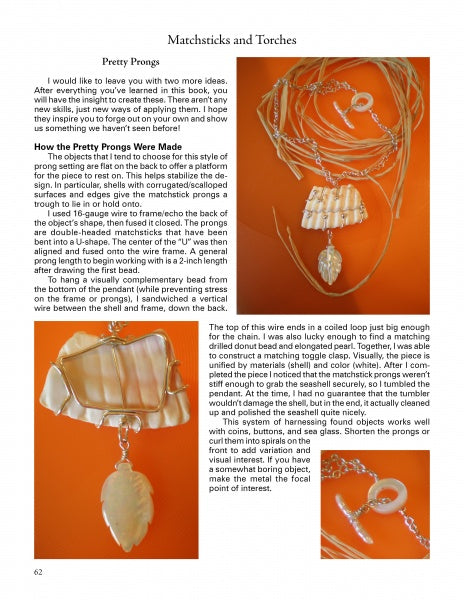 The Wire & Fused Jewelry guide by Schiffer Publishing, Ltd. shows how to make wire jewelry—necklaces and pendants with prong settings and shell accents—using step-by-step text instructions and close-up photos on an orange background.