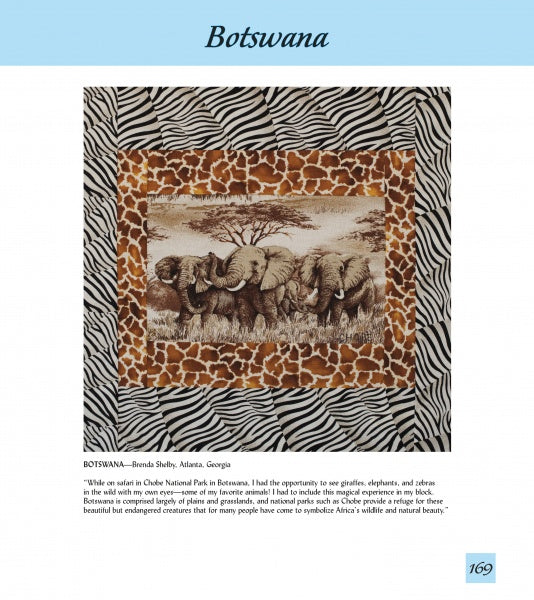 Trip Around the World" by Schiffer Publishing, Ltd. features framed art of three elephants walking, bordered by giraffe and zebra prints, showcasing Botswana’s wildlife. The lower right corner displays page 169.