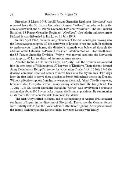 A page from Schiffer Publishing, Ltd.'s "Belgians in the Waffen-SS" describes Belgian volunteers' roles in SS units, such as the Nordland and Wiking divisions, during WWII in 1943. The text is in English.