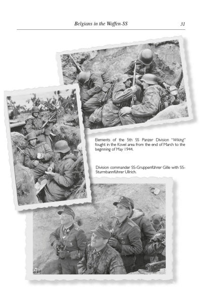 Two black-and-white photos from "Belgians in the Waffen-SS" (Schiffer Publishing, Ltd.) show WWII German soldiers—some with Belgian volunteers—resting and treating wounded or observing the battlefield through binoculars.