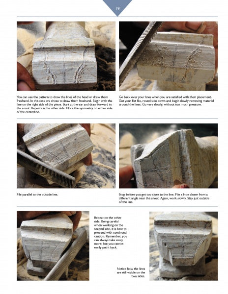 A step-by-step guide with five photos from "Carving a Bear in Soapstone" by Schiffer Publishing, Ltd. shows hands using carving techniques and files to create and refine detailed patterns on a block, ensuring precise, symmetrical results.