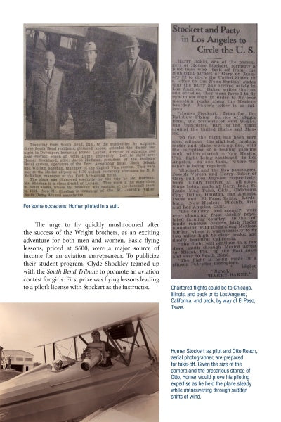 A collage from "Bendix Field" by Schiffer Publishing, Ltd. shows men in suits by a plane, a U.S. flight newspaper clipping, and two men at Bendix Field, with captions about early flight lessons and private aviation pioneers.