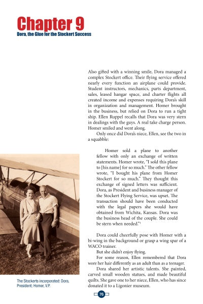 A vintage sepia photo shows a smiling man and woman next to a propeller plane, with text about Chapter 9 highlighting Dora’s key role at Bendix Field and her partnership with Homer. Product: Bendix Field, by Schiffer Publishing, Ltd.