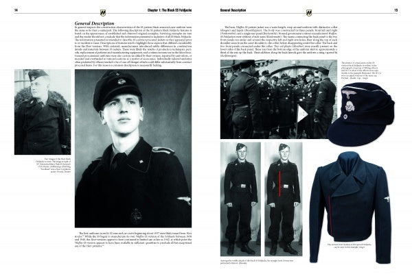A book spread from Schiffer Publishing, Ltd.'s "Panzer Feldjacke" shows black-and-white photos of men in German armored forces uniforms, close-ups of Wehrmacht and Waffen-SS insignia, a blue cap, a jacket, plus descriptive captions.