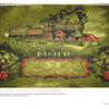 A vintage steam locomotive labeled "Pacific" and a "Union" passenger car traverse green terrain. Below, a decorative map of western railroad routes evokes the charm of Schiffer Publishing, Ltd.'s American Toile wallpaper.