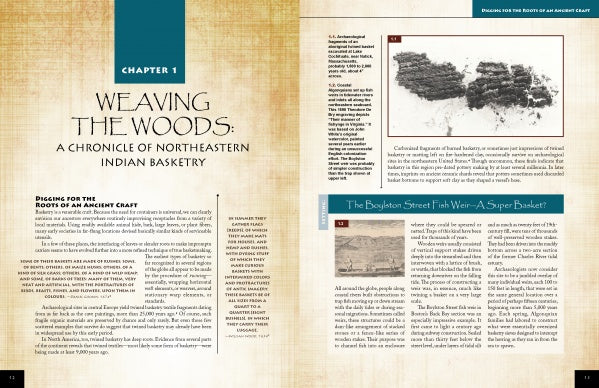 A two-page spread, "Indian Basketry of the Northeastern Woodlands" from Schiffer Publishing, Ltd., highlights woodsplint and sweetgrass baskets with sections, captions, artifact photos, headers, and drop caps that showcase this Native American tradition.