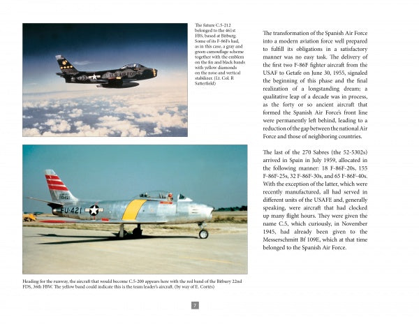 A page from Schiffer Publishing, Ltd.’s "North American F-86F Sabre" shows color photos of vintage jets on runways and text about the Sabre’s role in modernizing the Spanish Air Force’s fighter fleet.