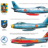 Three North American F-86F Sabre jets are illustrated with Spanish Air Force markings and colors, each featuring squadron insignias and short historical notes. Published by Schiffer Publishing, Ltd. on a white background.