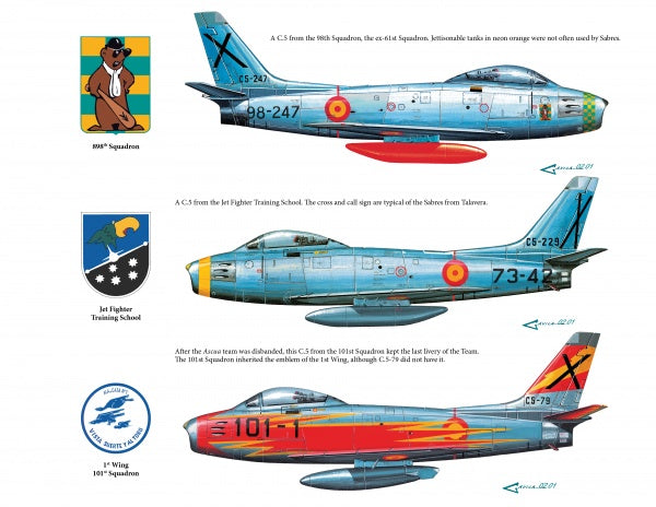 Three North American F-86F Sabre jets are illustrated with Spanish Air Force markings and colors, each featuring squadron insignias and short historical notes. Published by Schiffer Publishing, Ltd. on a white background.
