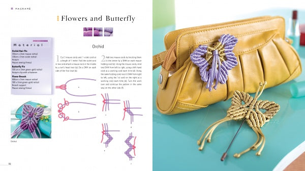 A two-page spread from Schiffer Publishing, Ltd.'s "Macrame Fashion Accessories & Jewelry" shows step-by-step illustrated instructions and materials for a knotted butterfly, plus a finished purple macramé butterfly on a yellow handbag.