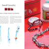 A spread from "Macrame Fashion Accessories & Jewelry" by Schiffer Publishing, Ltd. details DIY necklace steps on the left, with a finished beaded necklace, tin box, coins, and container as chic accessories displayed to the right on a red surface.
