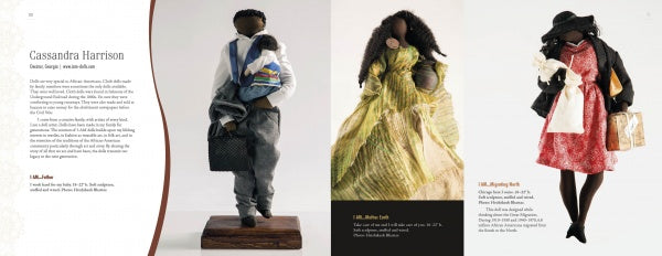 A spread from Schiffer Publishing's "The Art of the Contemporary Doll" features Black cloth dolls: a man with baby and briefcase, a woman in yellow with a rose, and another in red with bag—each accompanied by descriptive text.