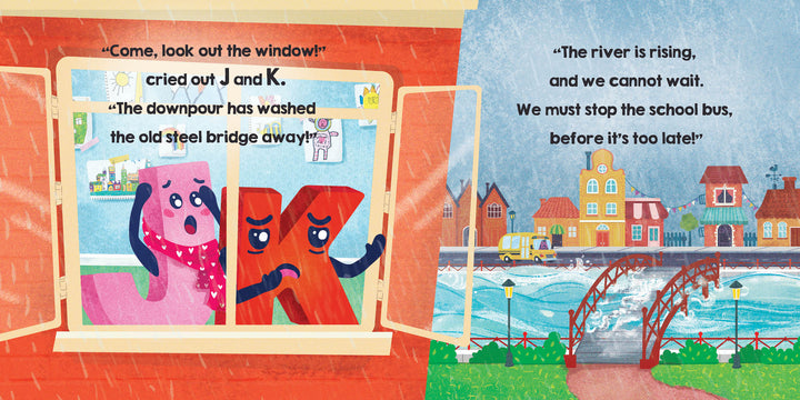 In Schiffer Publishing, Ltd.'s "Big P Takes a Fall (and That’s Not All)," two cartoon letters look out a window at flooded streets and damaged bridges as rain pours over houses—just part of their rhyming alphabet adventure.