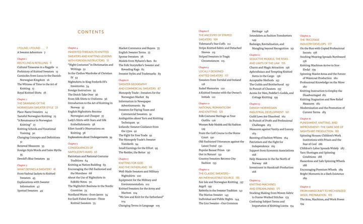 The table of contents for "Norway's Knitted Heritage" by Schiffer Publishing, Ltd. lists 13 numbered chapters with subsections on workshop methods, arranged in four columns with page numbers and Nordic-inspired pattern designs.
