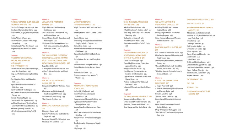 An image shows the two-page table of contents from "Norway's Knitted Heritage" by Schiffer Publishing, Ltd., with red and black chapter titles and page numbers, multi-column layout, white background, and Nordic knitting pattern highlights.