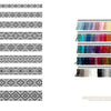 On the left, Norway's Knitted Heritage from Schiffer Publishing, Ltd. features six black-and-white geometric Nordic diamond patterns; on the right, six rows of colorful embroidery thread samples display various shades and textures.