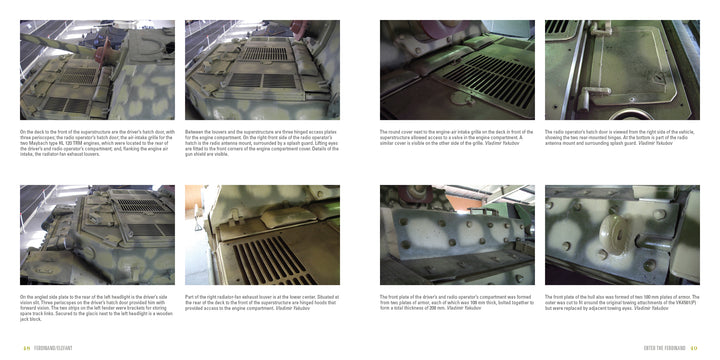 A grid of eight photos displays close-up exterior details of a Ferdinand/Elefant tank destroyer in camouflage, highlighting vents, grilles, hinges, and latches, each with a description below. Published by Schiffer Publishing, Ltd.