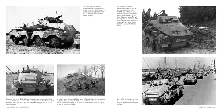 A collage of five black-and-white photos from "German Heavy Armored Cars" by Schiffer Publishing, Ltd. features WWII armored cars in convoys, damaged states, and with troops in rural, forest, urban, and waterside settings.