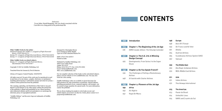 Image of the S.E. 210 Caravelle book by Schiffer Publishing, Ltd.: copyright page left, table of contents right. Chapters cover aviation history—including the Caravelle jet—plus topics on the Middle Ages, Europe, Asia, and more.