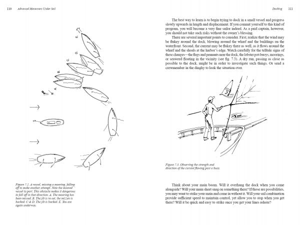 In Schiffer Publishing, Ltd.’s "Auxiliary Sail Vessel Operations, 2nd Edition," a left-page diagram illustrates a sailboat docking from multiple angles, while the right page shows yacht management with someone on the dock ready to secure the bow line.