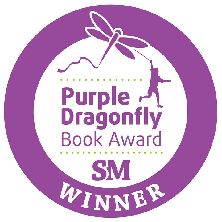 A circular purple badge with a dragonfly and a child holding its tail above "Purple Dragonfly Book Award SM WINNER," perfect for celebrating Schiffer Publishing's beginner picture book "I Think I Can.